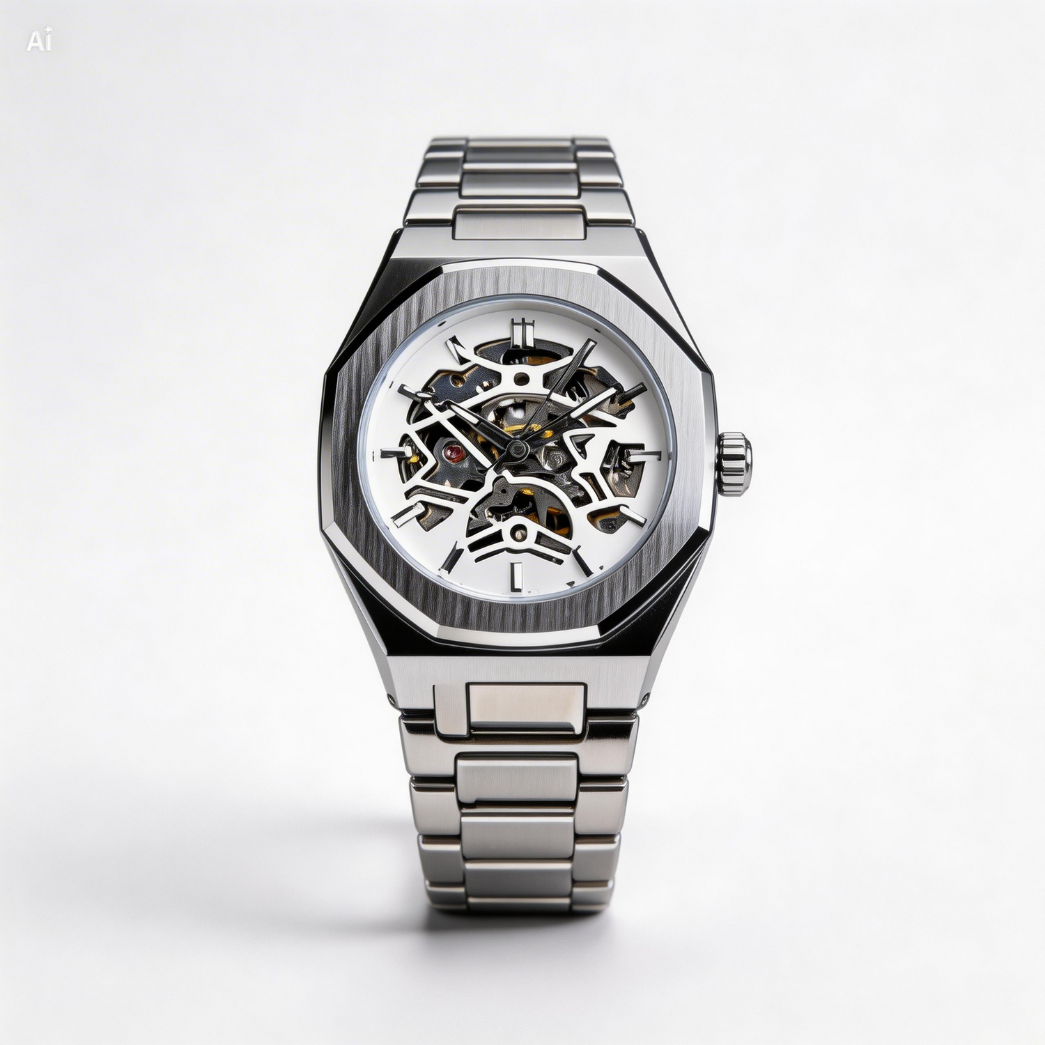 Silver wristwatch with a detailed mechanical face on a white background