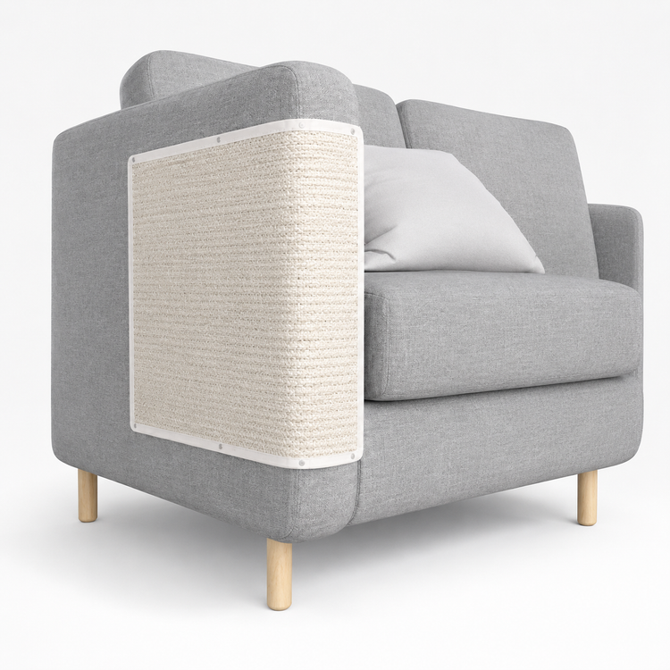 Gray armchair with a textured white side panel on a white background