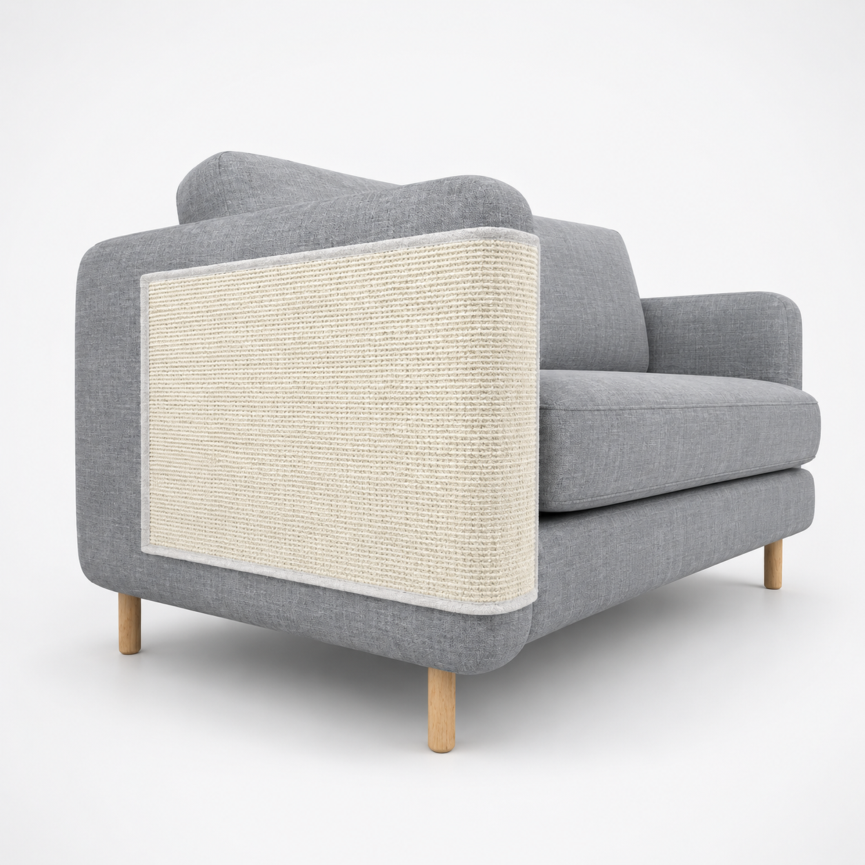Gray sofa with a textured white panel on a white background
