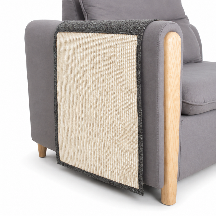 Gray armchair with a textured armrest cover on a white background