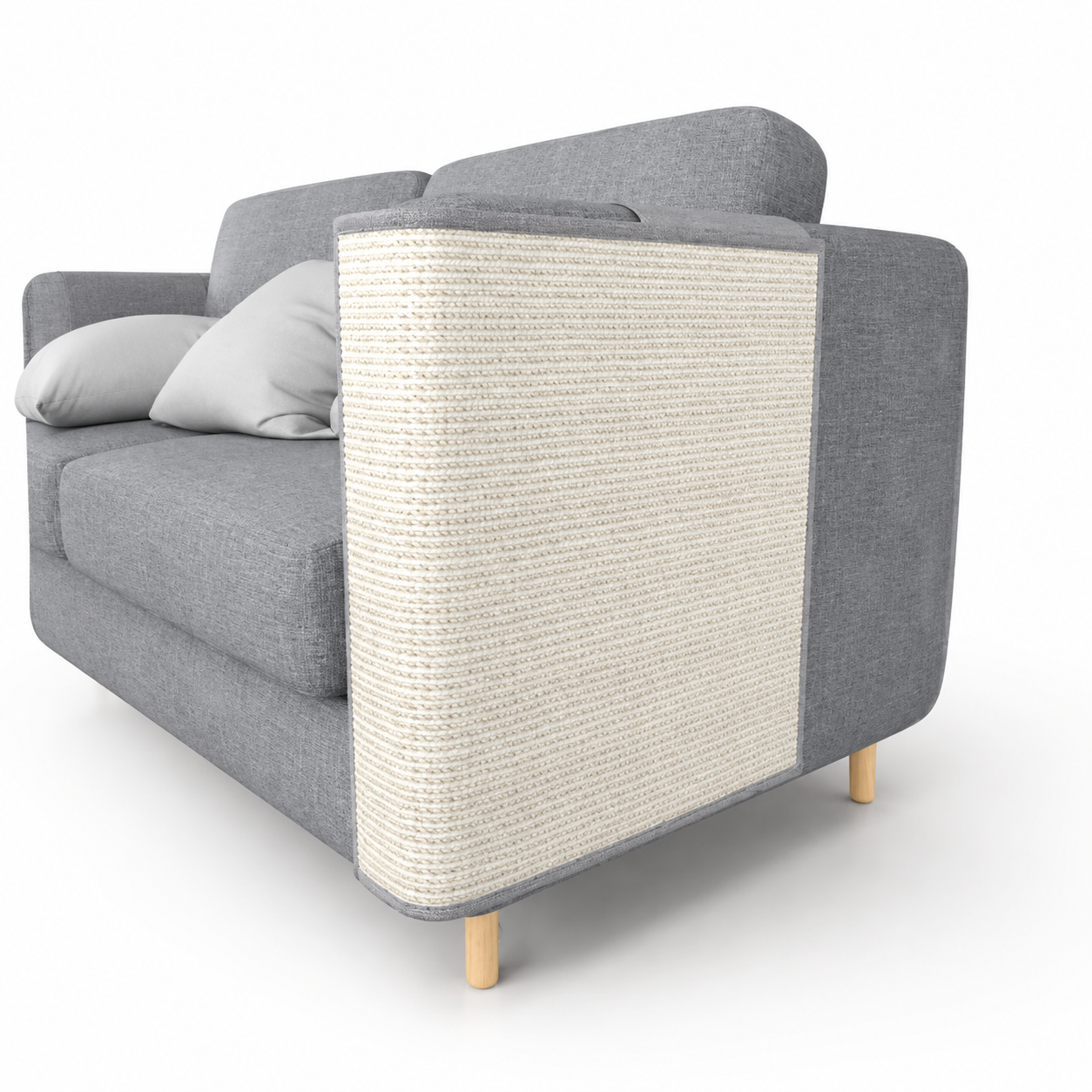 Gray sofa with a textured white panel on a white background