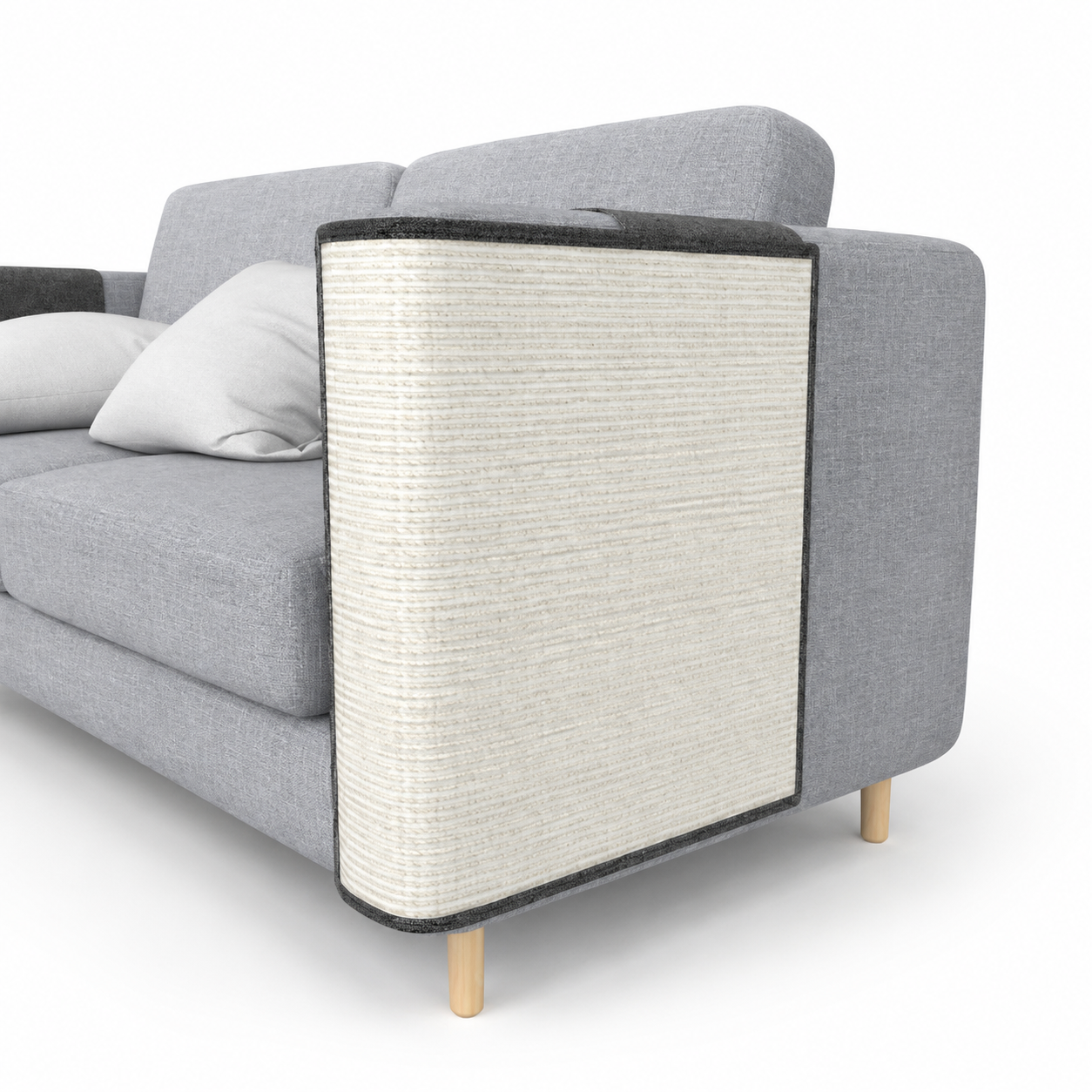 Gray sofa with a textured armrest cover on a white background