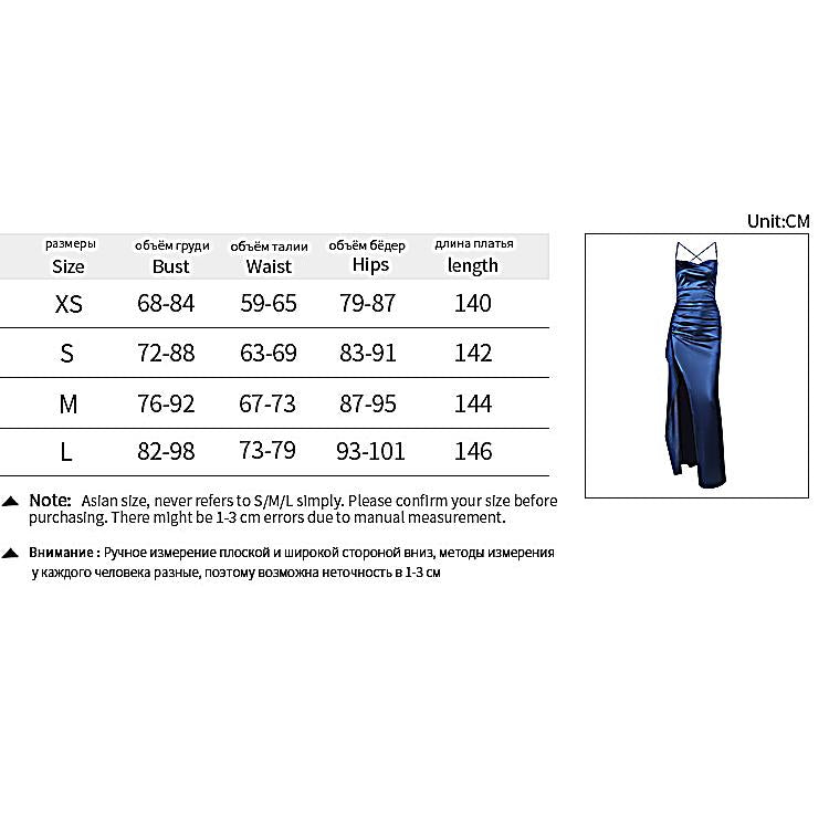 Size chart for a blue evening gown with measurement details.