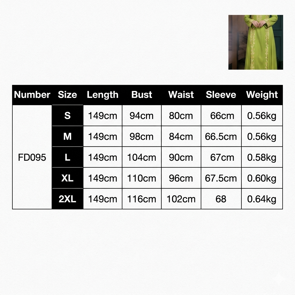 Size chart for a green dress with measurements in centimeters