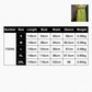 Size chart for a green dress with measurements in centimeters