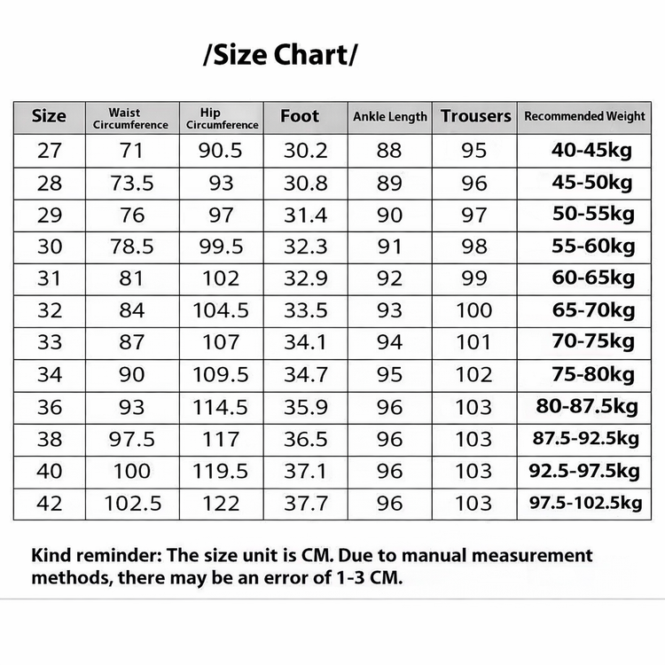 Size chart for clothing measurements in centimeters with recommended weight.
