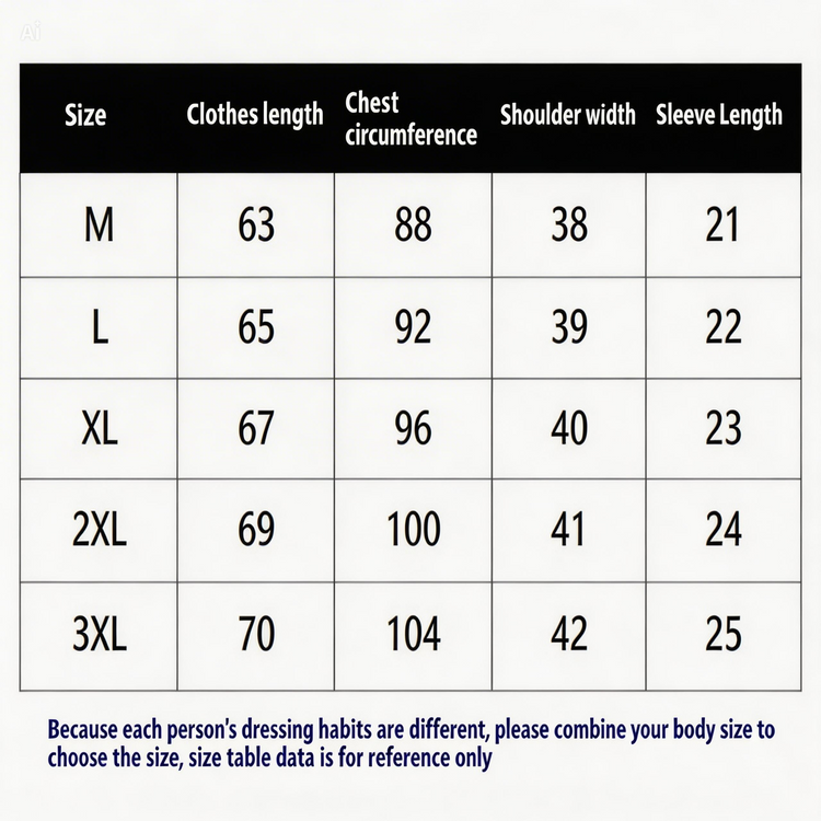 Size chart for clothing measurements with dimensions in centimeters.