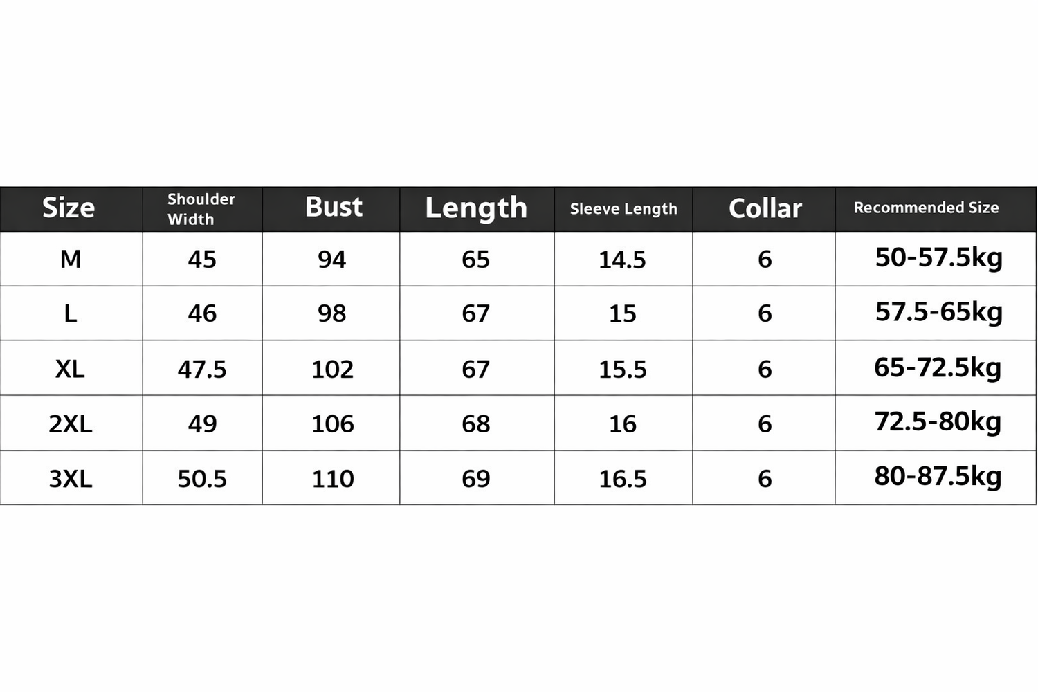 Size chart for clothing with measurements and weight recommendations on a white background