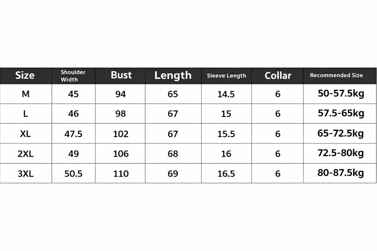 Size chart for clothing with measurements and weight recommendations on a white background