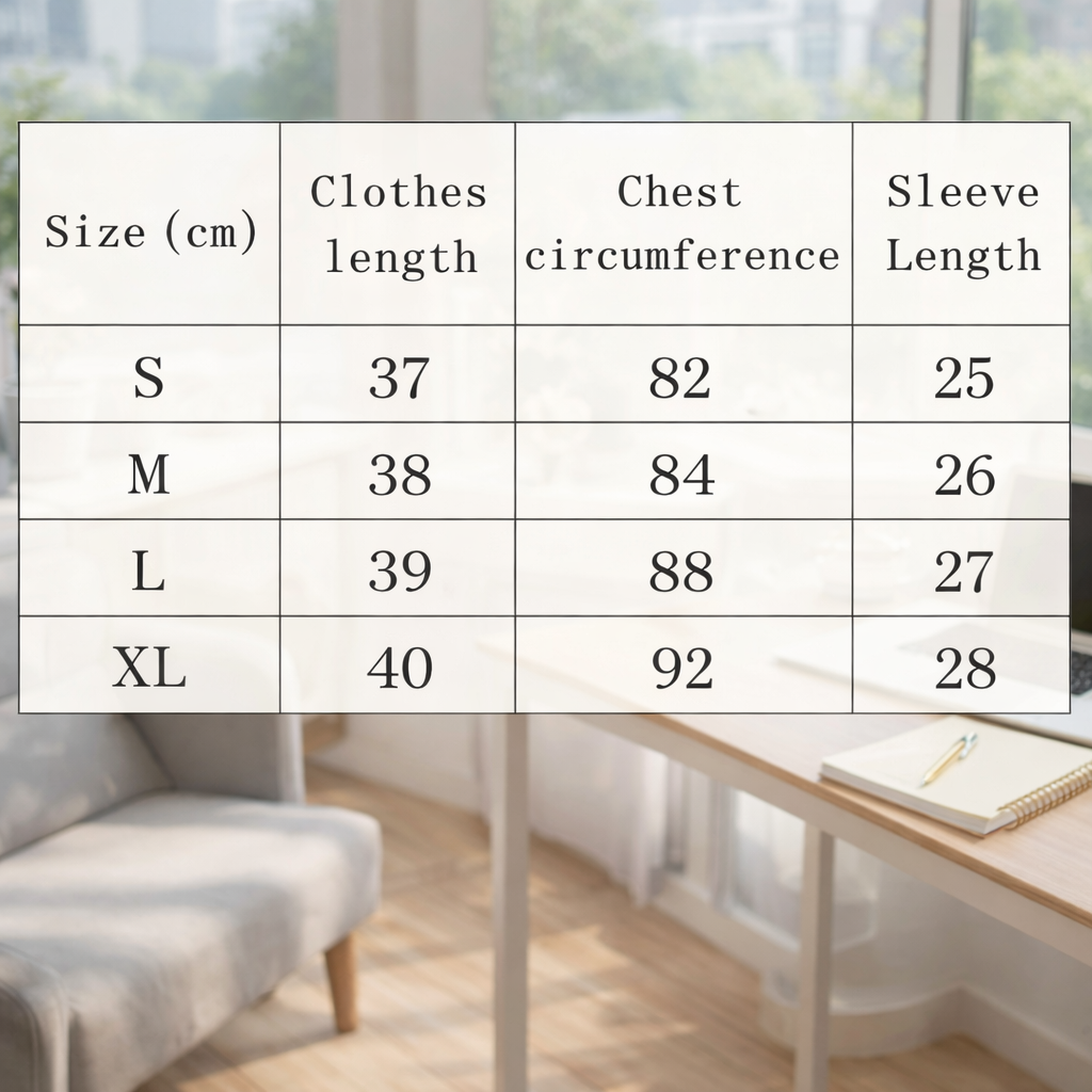 Size chart for clothing with measurements in a room with a desk and chair.