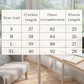 Size chart for clothing with measurements in a room with a desk and chair.