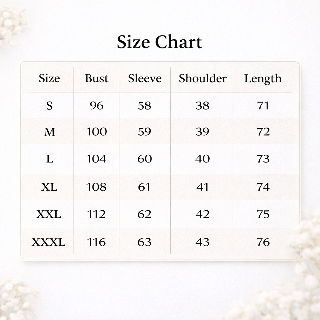 Size chart for clothing with measurements in bust, sleeve, shoulder, and length on a white background.