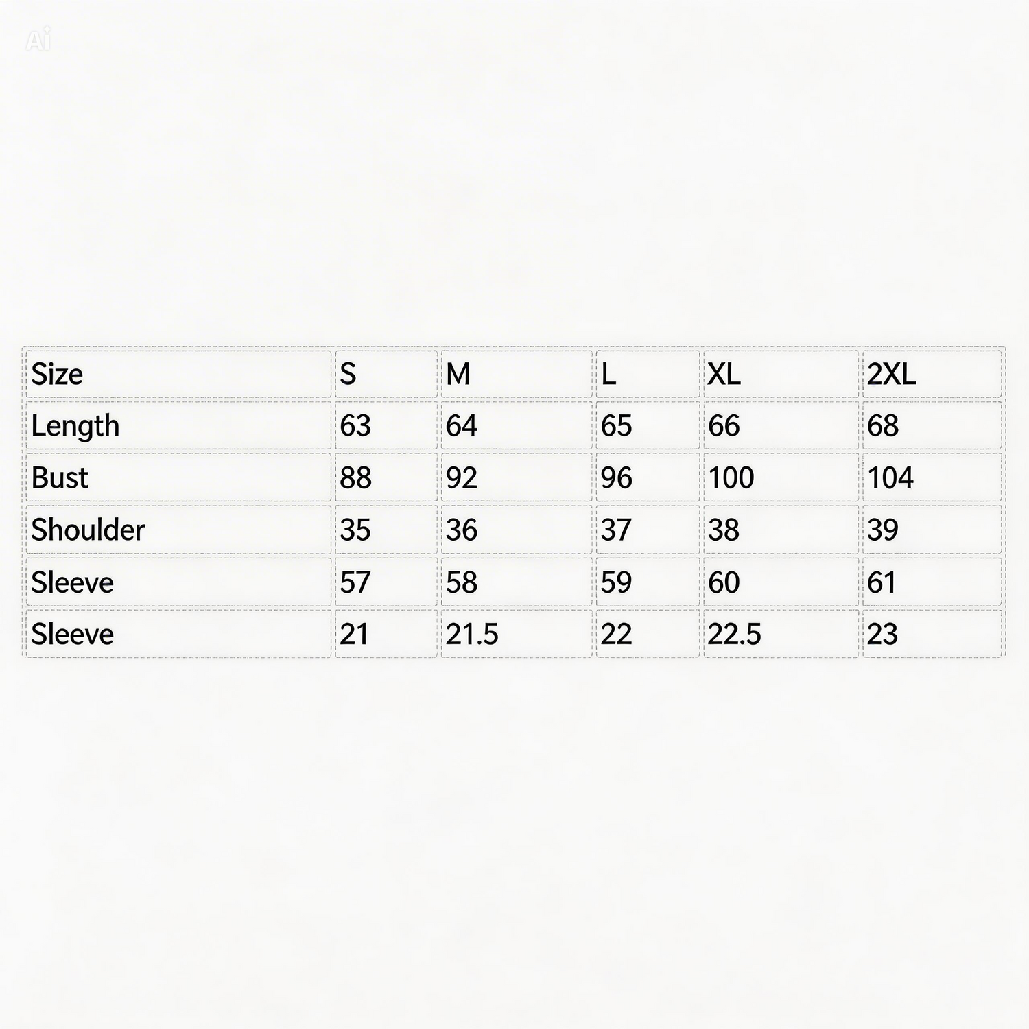 Size chart for clothing with measurements in centimeters.....