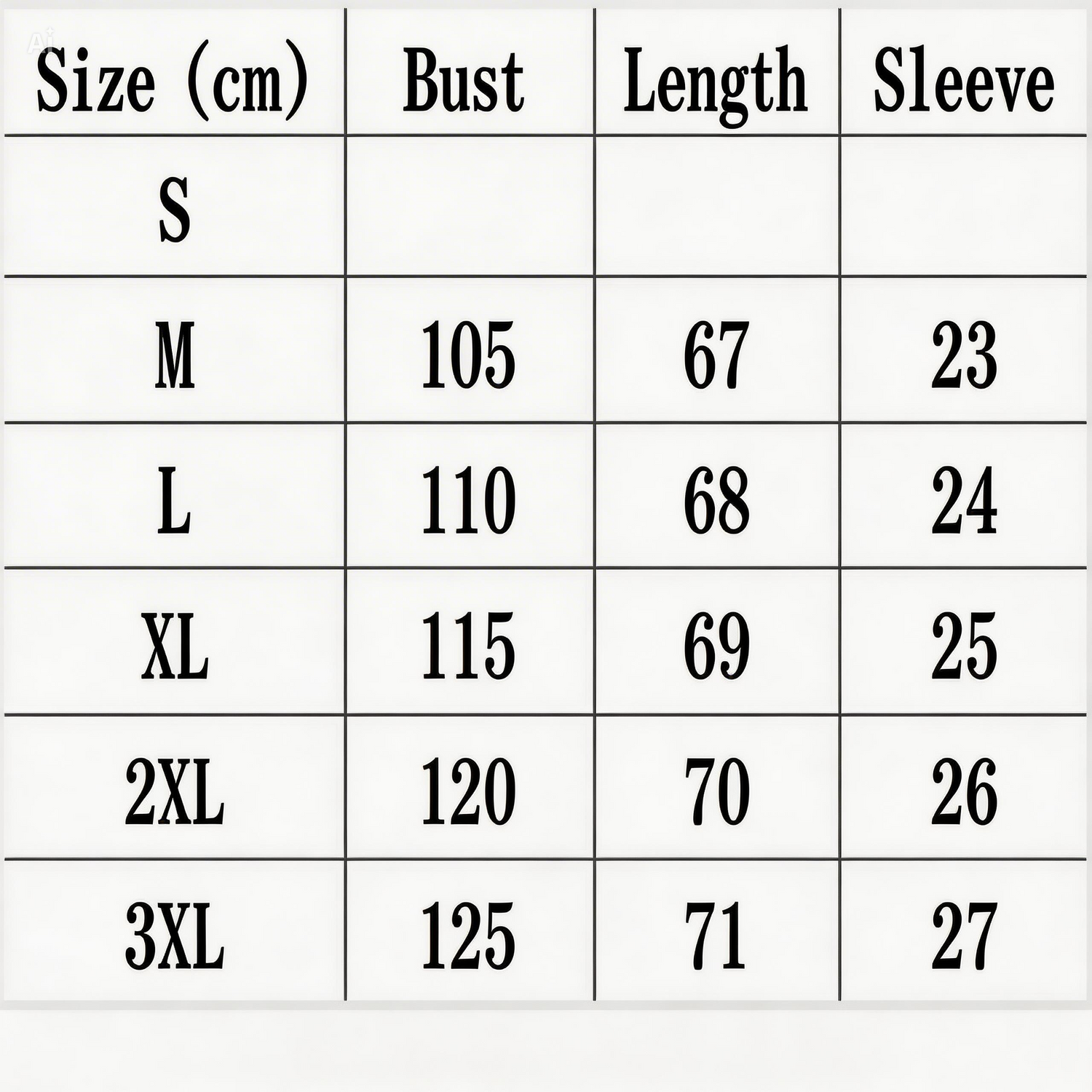 Size chart for clothing with measurements in centimeters