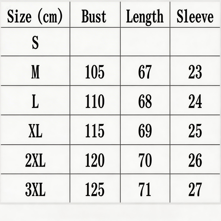 Size chart for clothing with measurements in centimeters