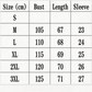 Size chart for clothing with measurements in centimeters