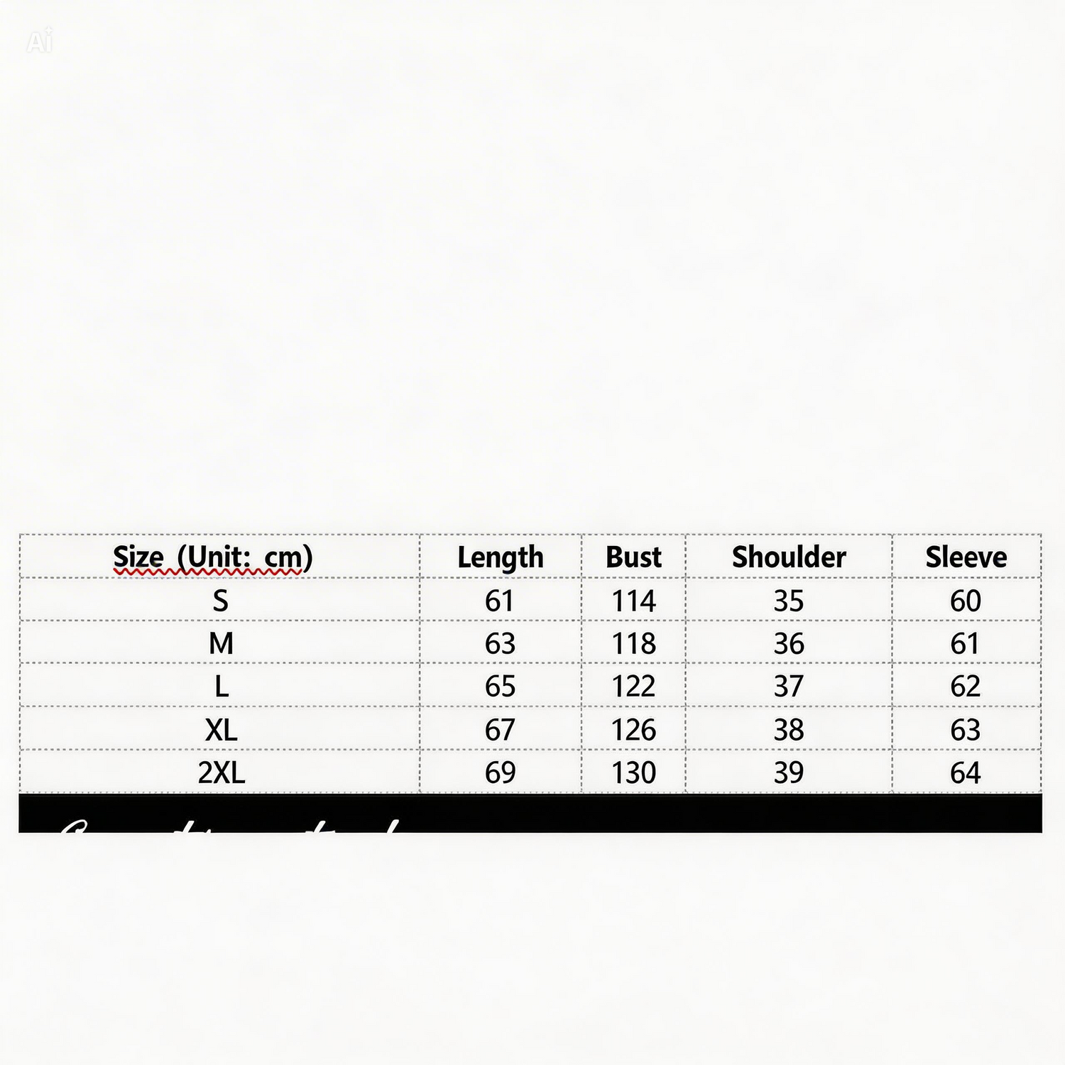 Size chart for clothing with measurements in centimeters