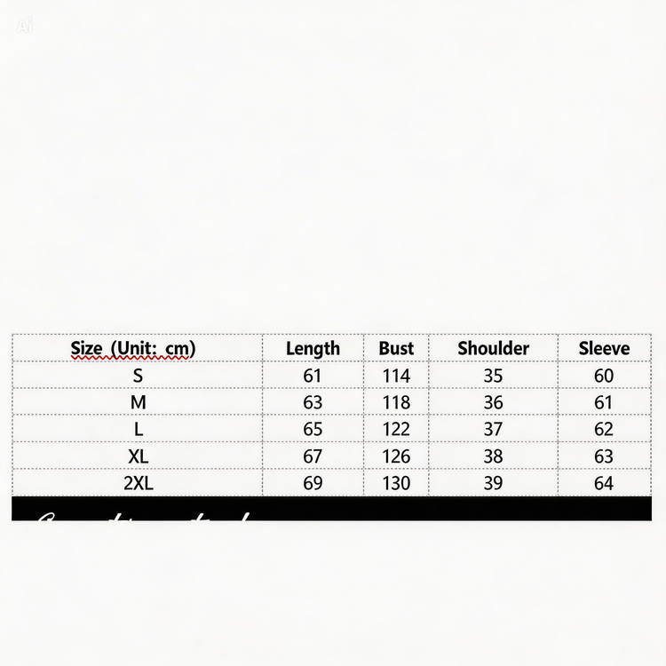 Size chart for clothing with measurements in centimeters
