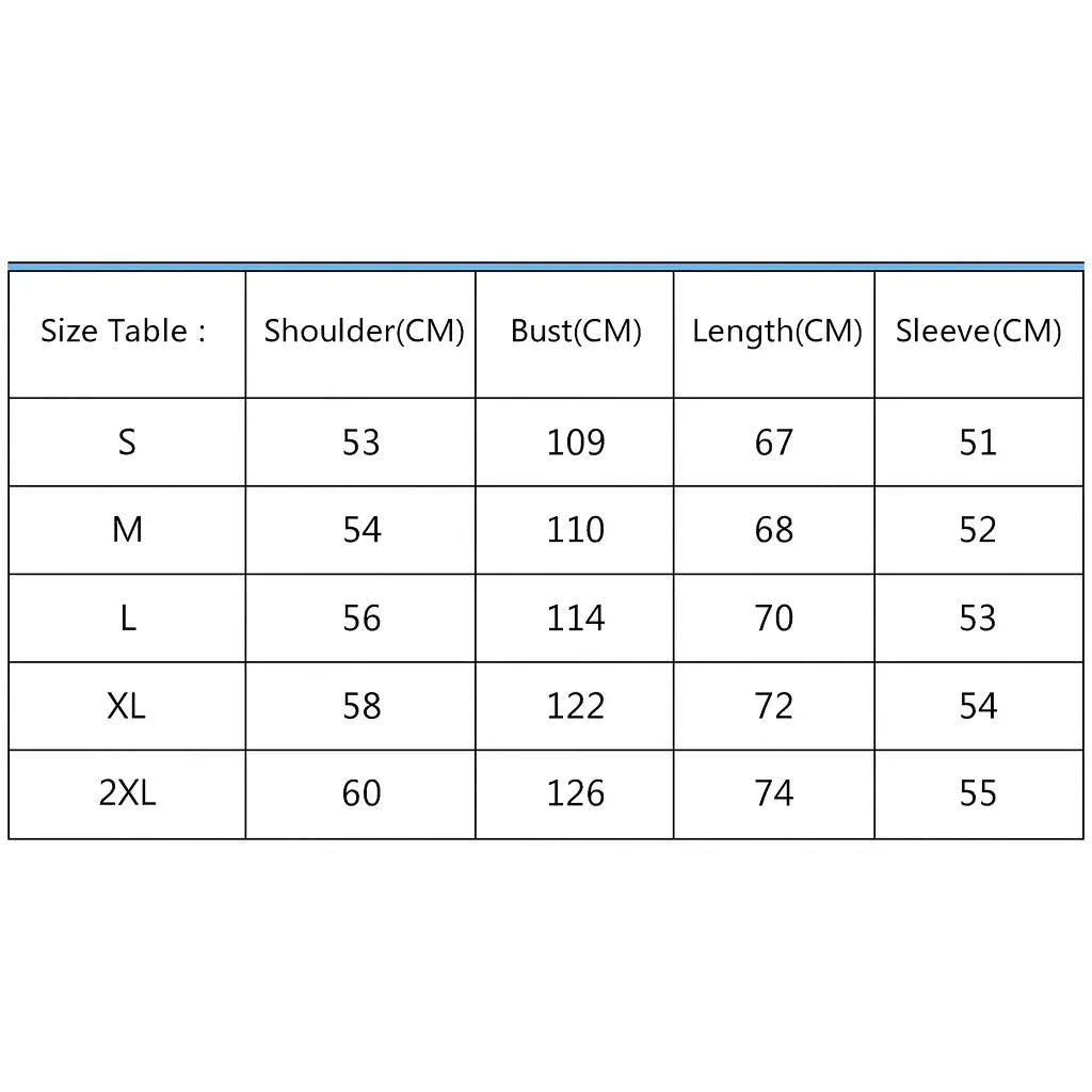 Size table showing measurements for women winter padded hoodie from s to 2xl