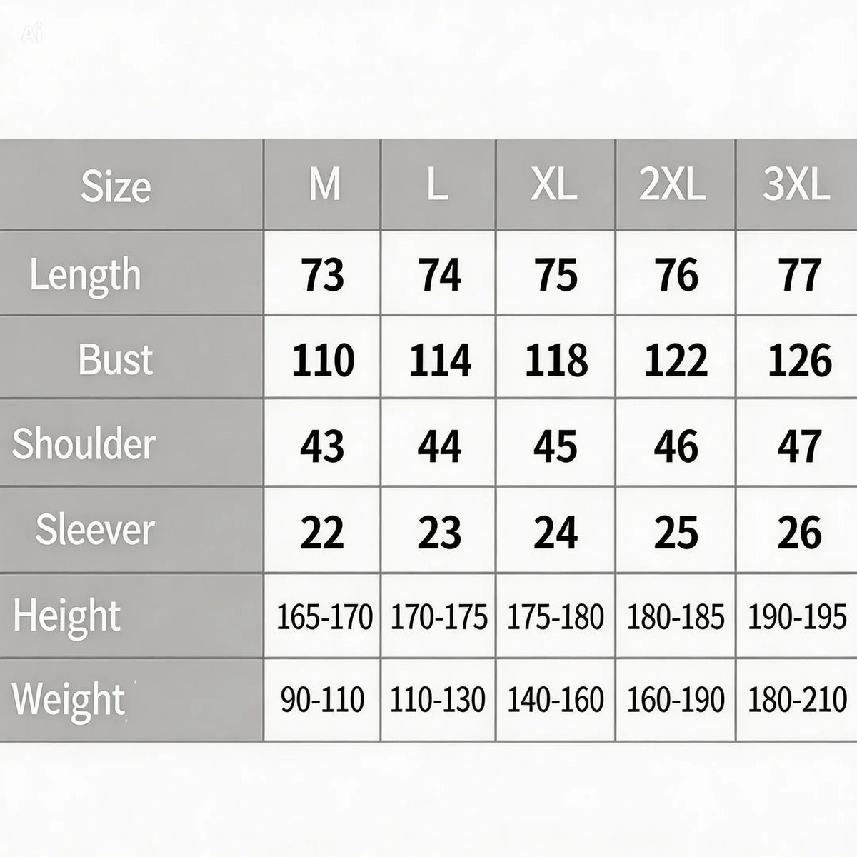 Size chart for clothing with measurements in centimeters and inches.