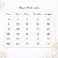 Size chart for clothing with measurements in centimeters on a white background.