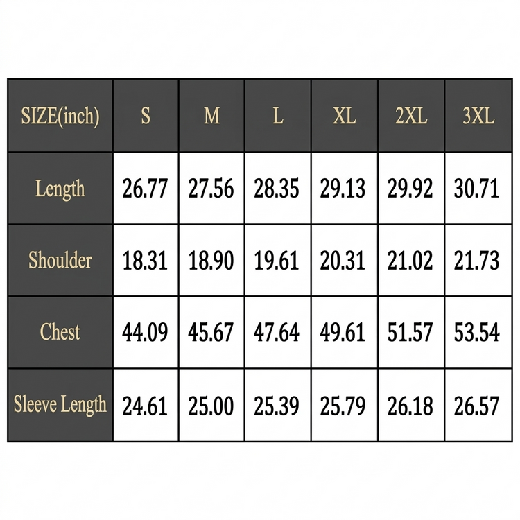 Size chart for clothing with measurements in inches