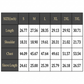 Size chart for clothing with measurements in inches