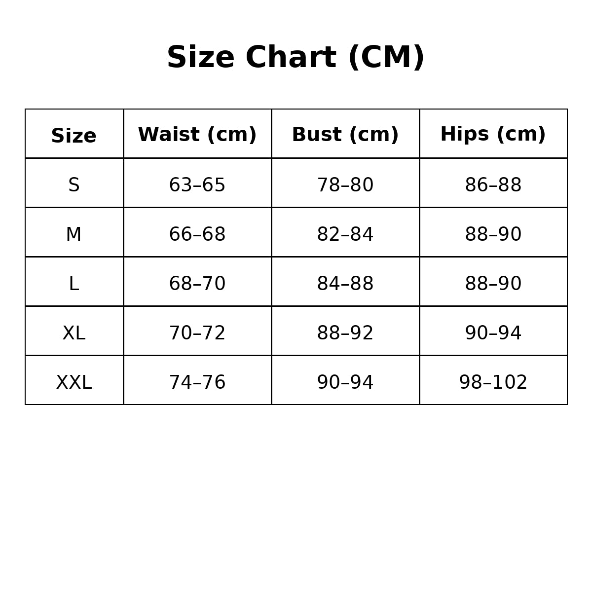 Size chart in centimeters for clothing measurements.