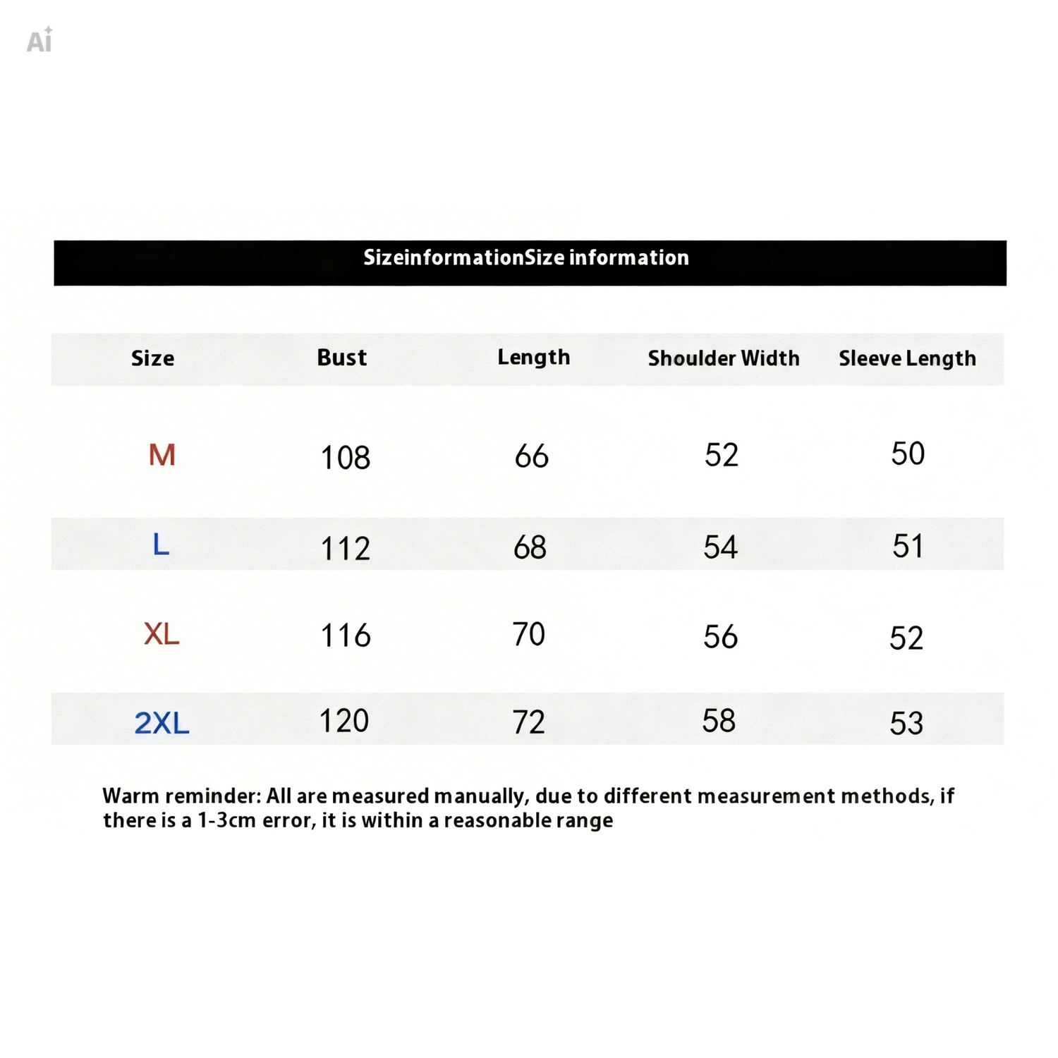 Size information chart for clothing with measurements in centimeters.