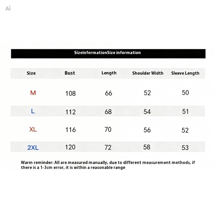 Size information chart for clothing with measurements in centimeters.