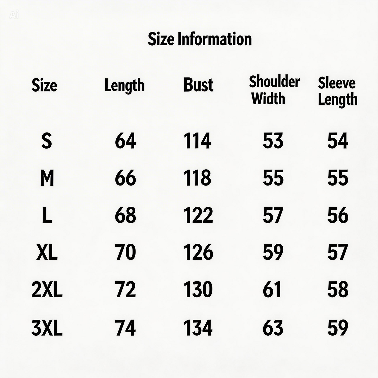 Size information chart for clothing with measurements in centimeters.