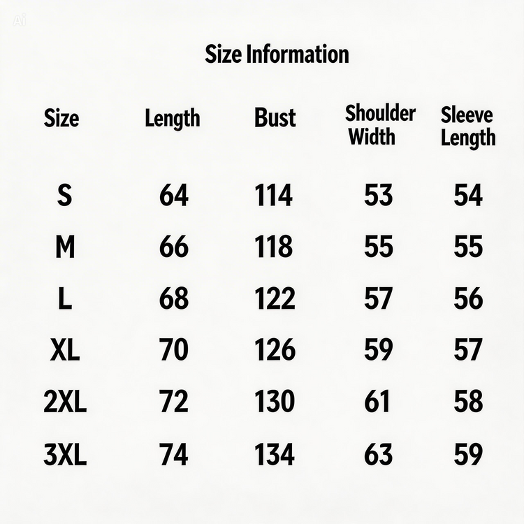 Size information chart for clothing with measurements in centimeters.
