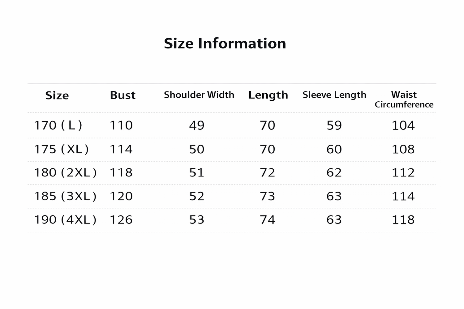 Size information table for clothing with measurements in centimeters.