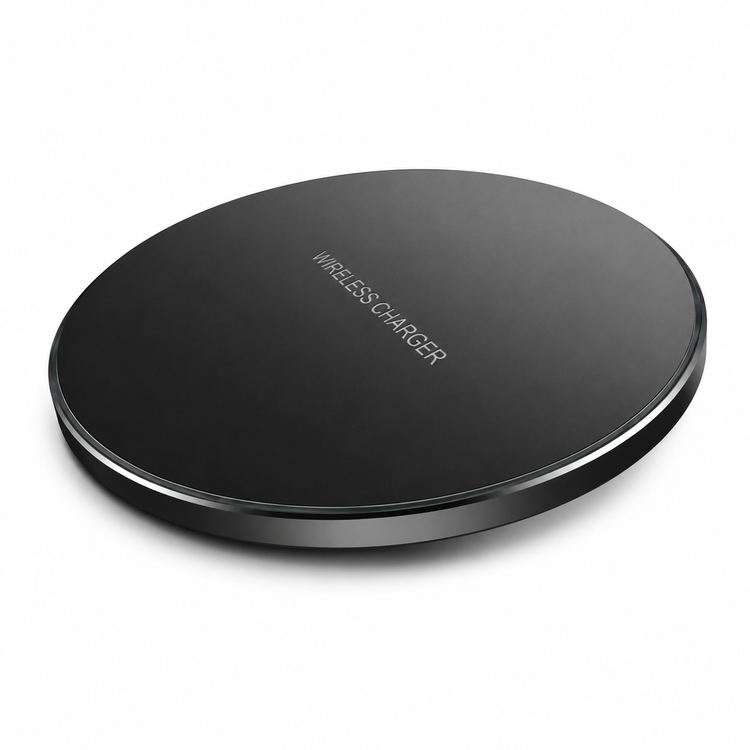Black wireless charger on a white background