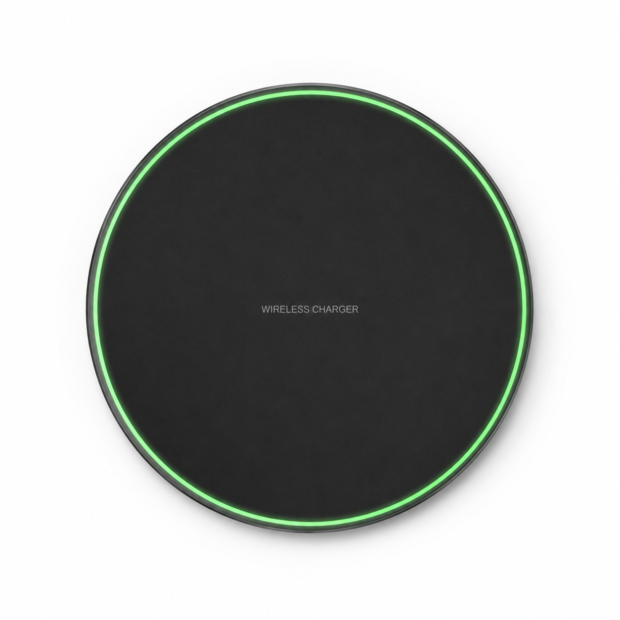Black wireless charger with green rim on a white background