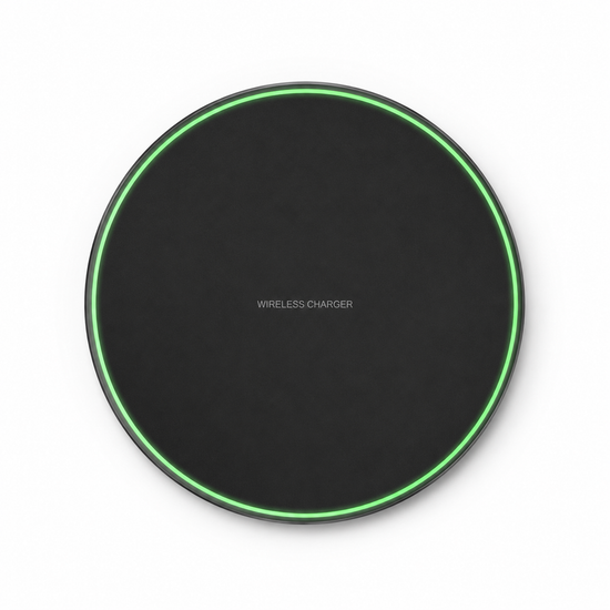 Black wireless charger with green rim on a white background