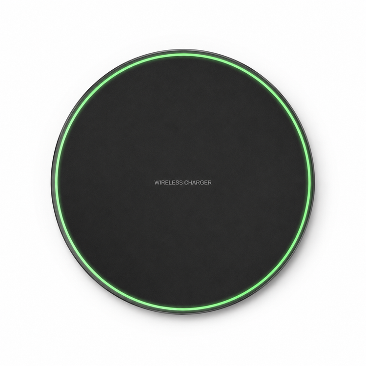 Black wireless charger with green rim on a white background