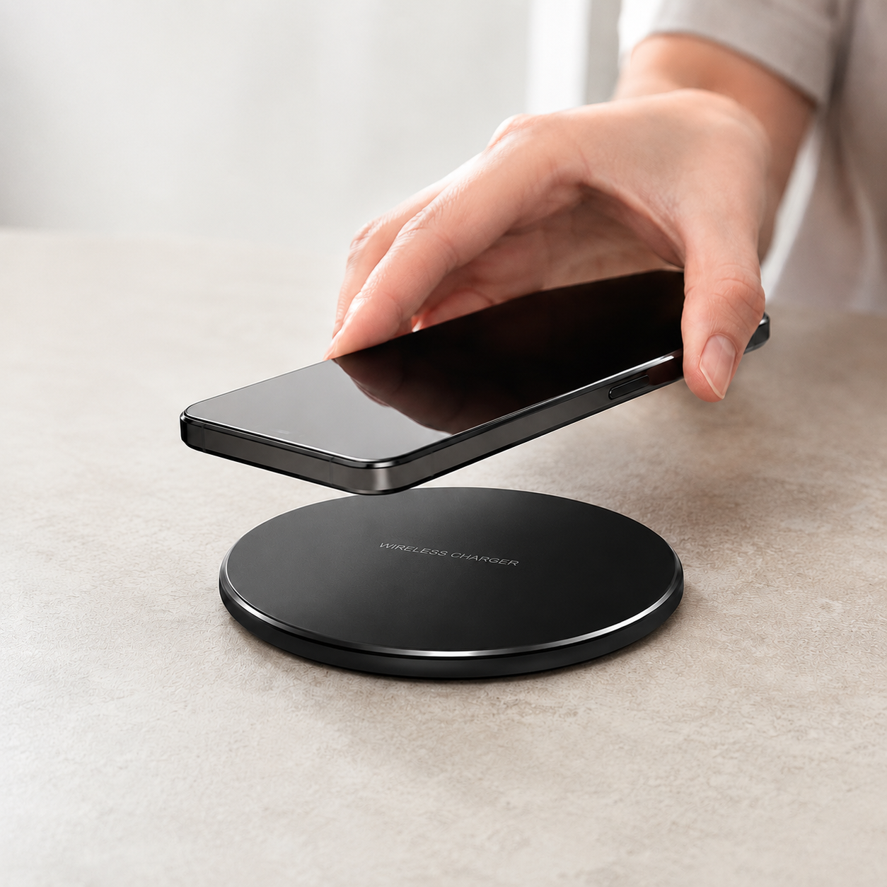 Person placing a smartphone on a wireless charging pad
