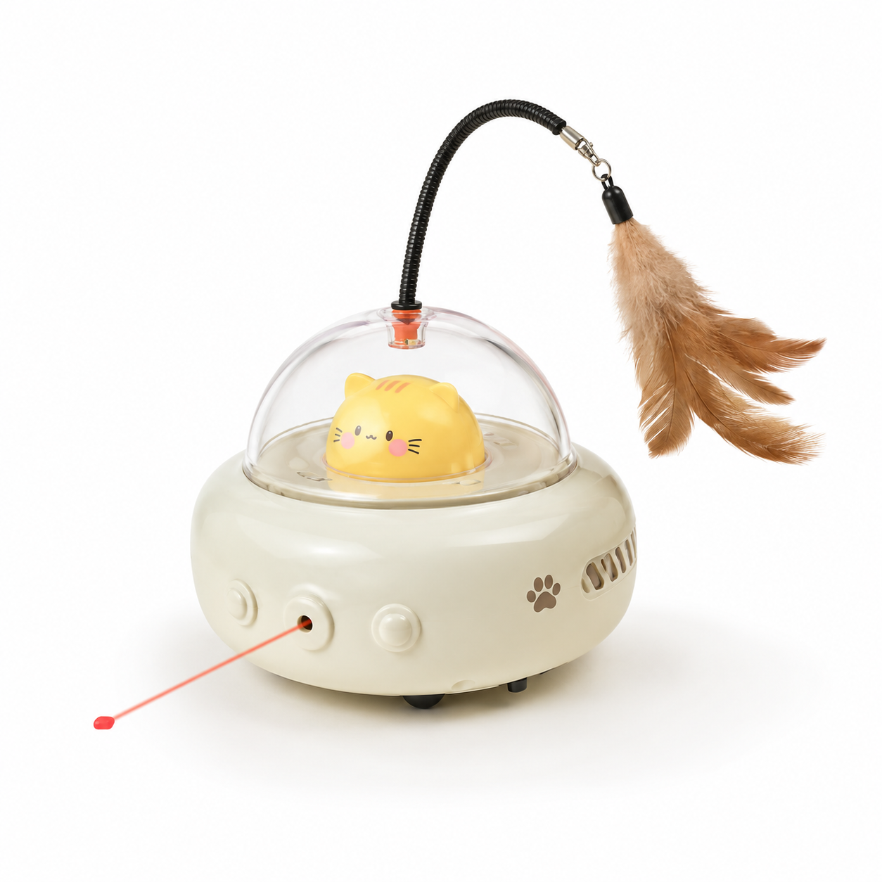 Pet toy with a transparent dome, yellow cat figure, and feather on a white background