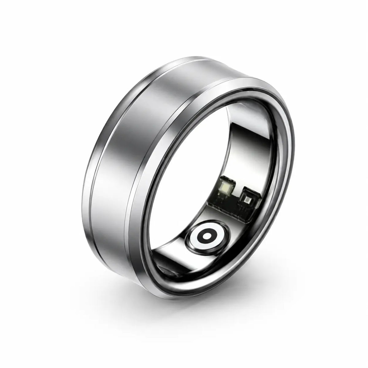 Smart ring fitness tracker in silver metallic finish, angled side view displaying internal components