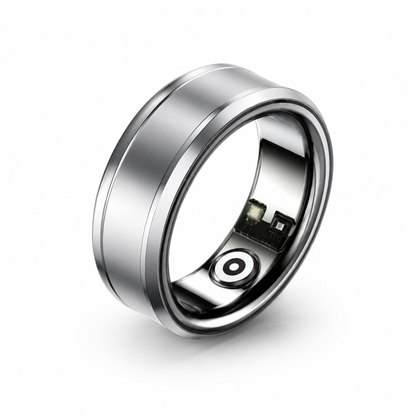 Silver smart ring with electronic components on a white background