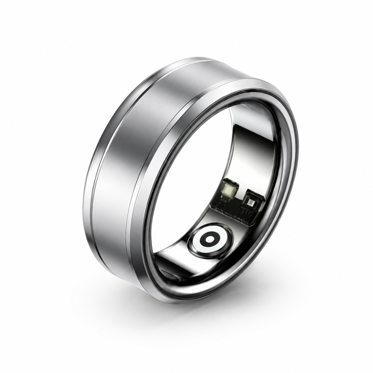 Silver smart ring with electronic components on a white background