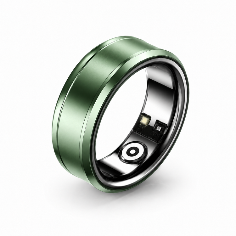 Green metallic ring with electronic components on a white background