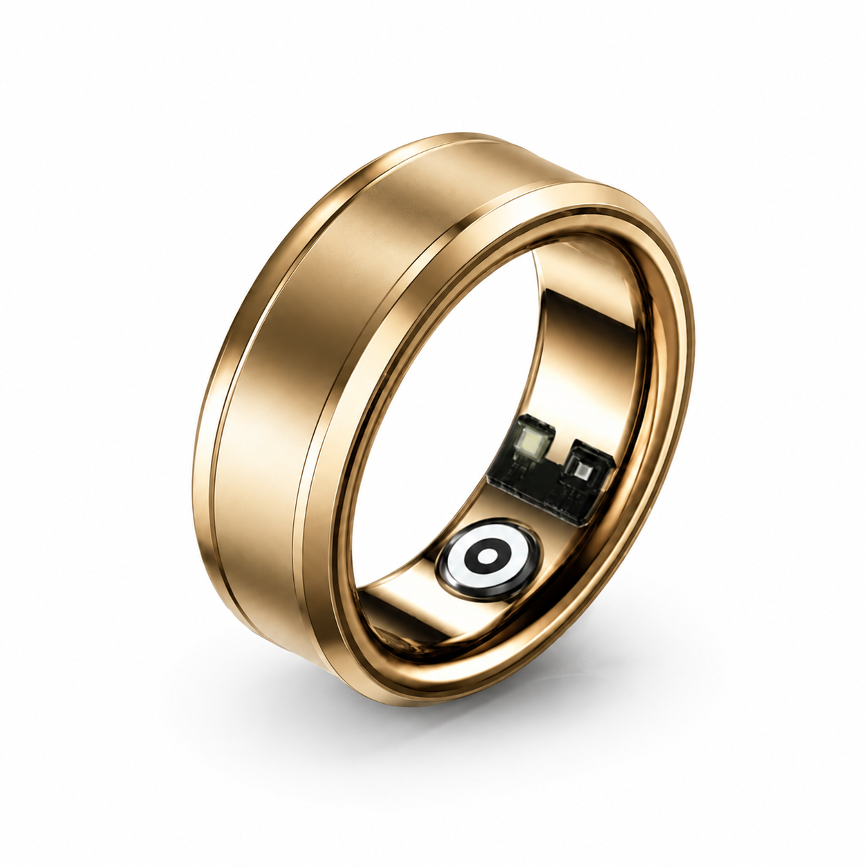 Gold smart ring with electronic components on a white background