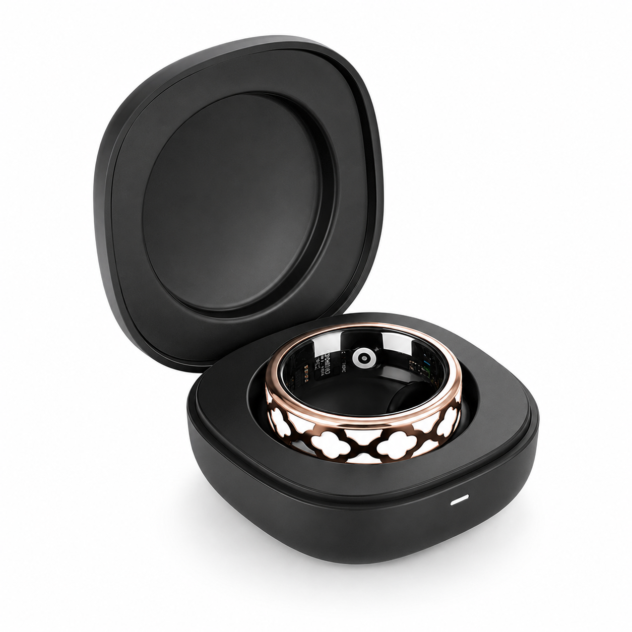Black jewelry box with a ring inside on a white background