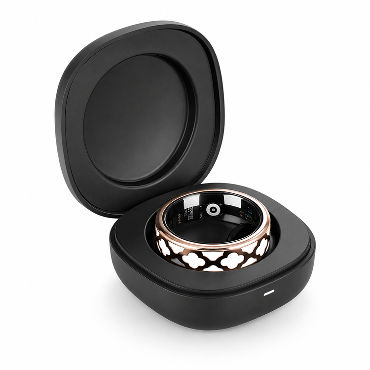 Black jewelry box with a ring inside on a white background