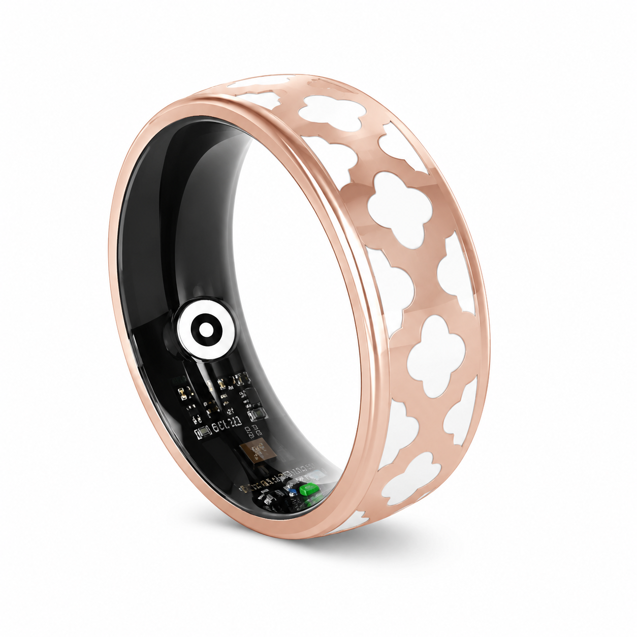 Smart ring with rose gold band and black interior on a white background