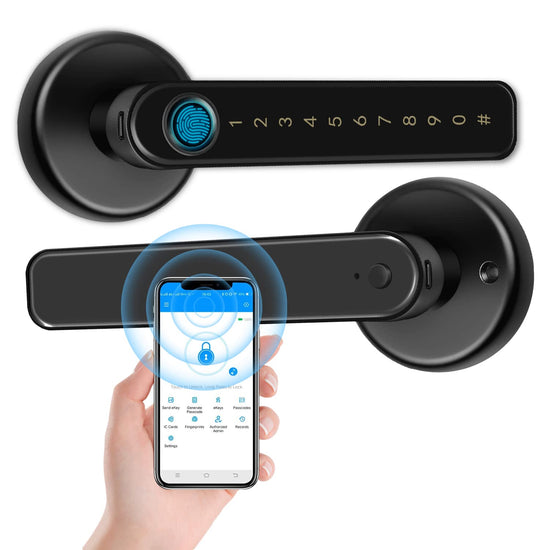 Smart door lock system with digital keypad and smartphone app on a white background