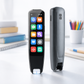 Smartpen with app icons on display screen and a plain pen body, placed on a desk with stationery items.