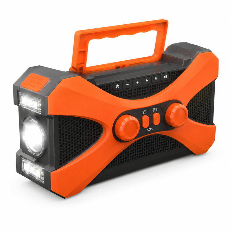A portable emergency radio with a bright orange and black design, featuring built-in flashlights, a carrying handle, and control buttons including SOS and power.